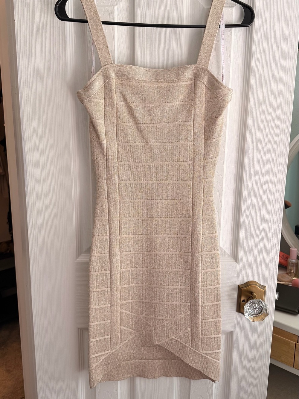 GUESS Shimmer Beige Bandage Bodycon Dress